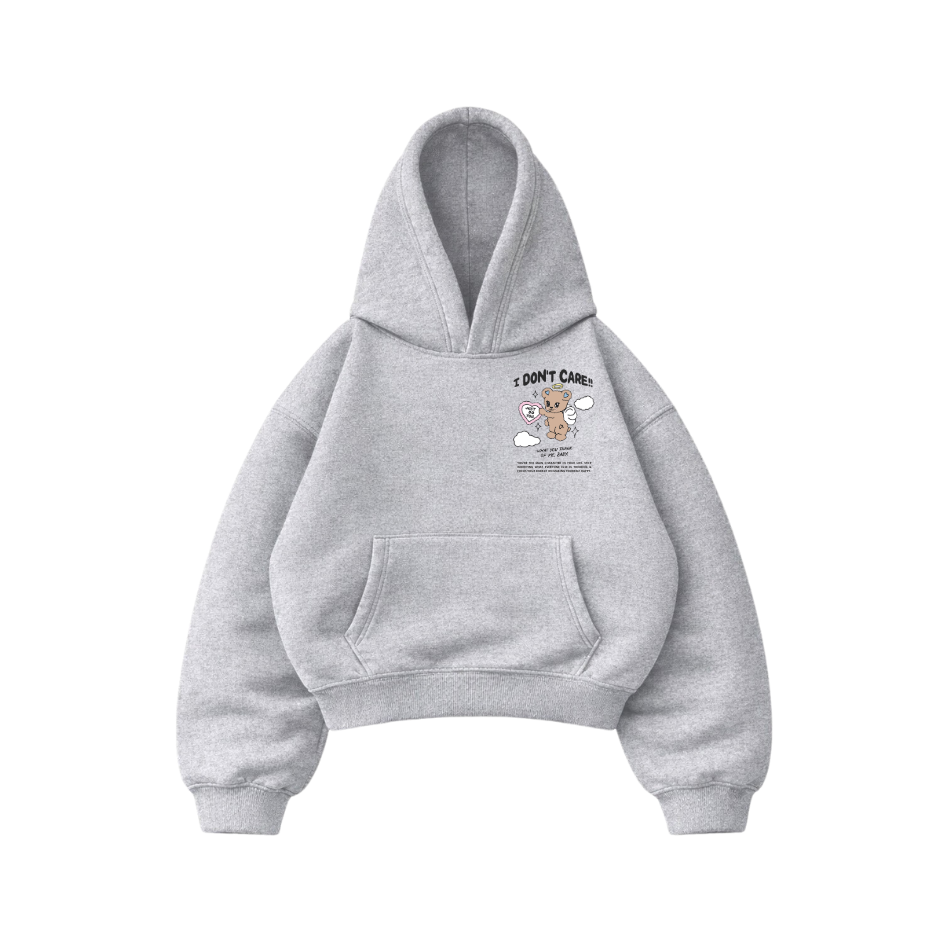 I Don't Care - Hoodie Mangas Globo Gris