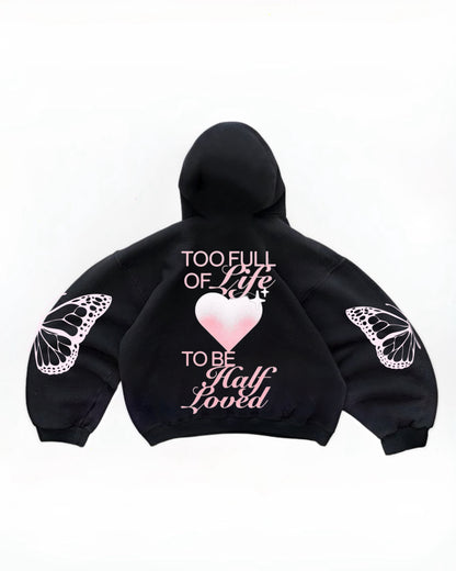 Hoodie too full of life modelo mangas globo negro